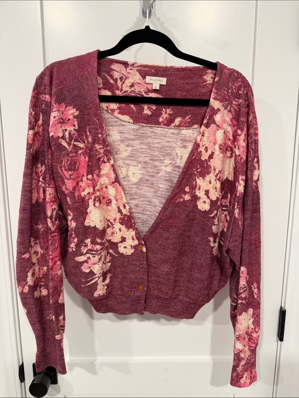 Anthropologie Rose Floral V-Neck Button Cardigan in Wine Pink